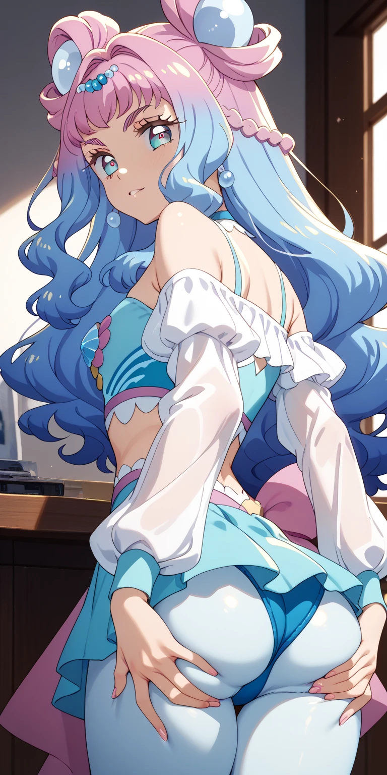 White panties、White bra、In underwear、masterpiece, highest quality, 8K,Mylene HFV4, Anime Coloring,  One girl,  jewelry, hair band, blue hair band,Very long hair,Pink 