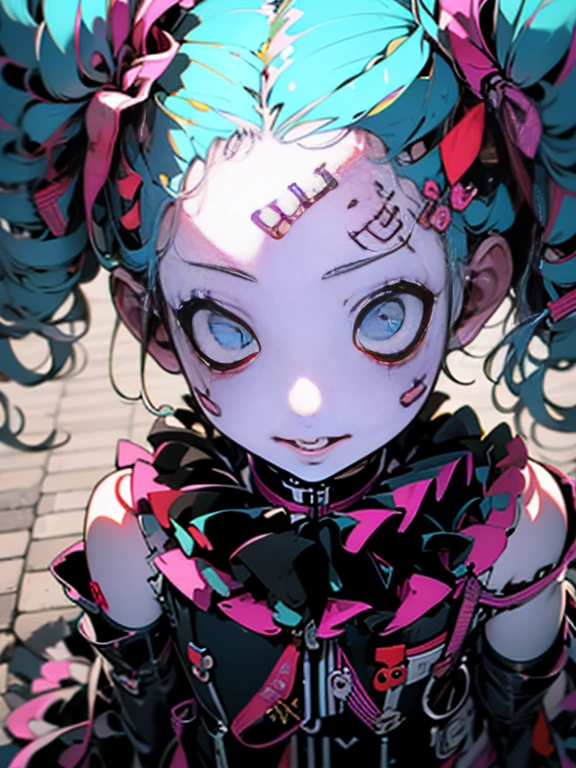 1girl, hatsune miku, smile, <lora:Necronomicon-10:1> Necronomicon Sketch, <lora:BloodSkelterStyle-30:0.7>,Blood_Skelter,pink blood, glowing eyes, cthulhu mythos,