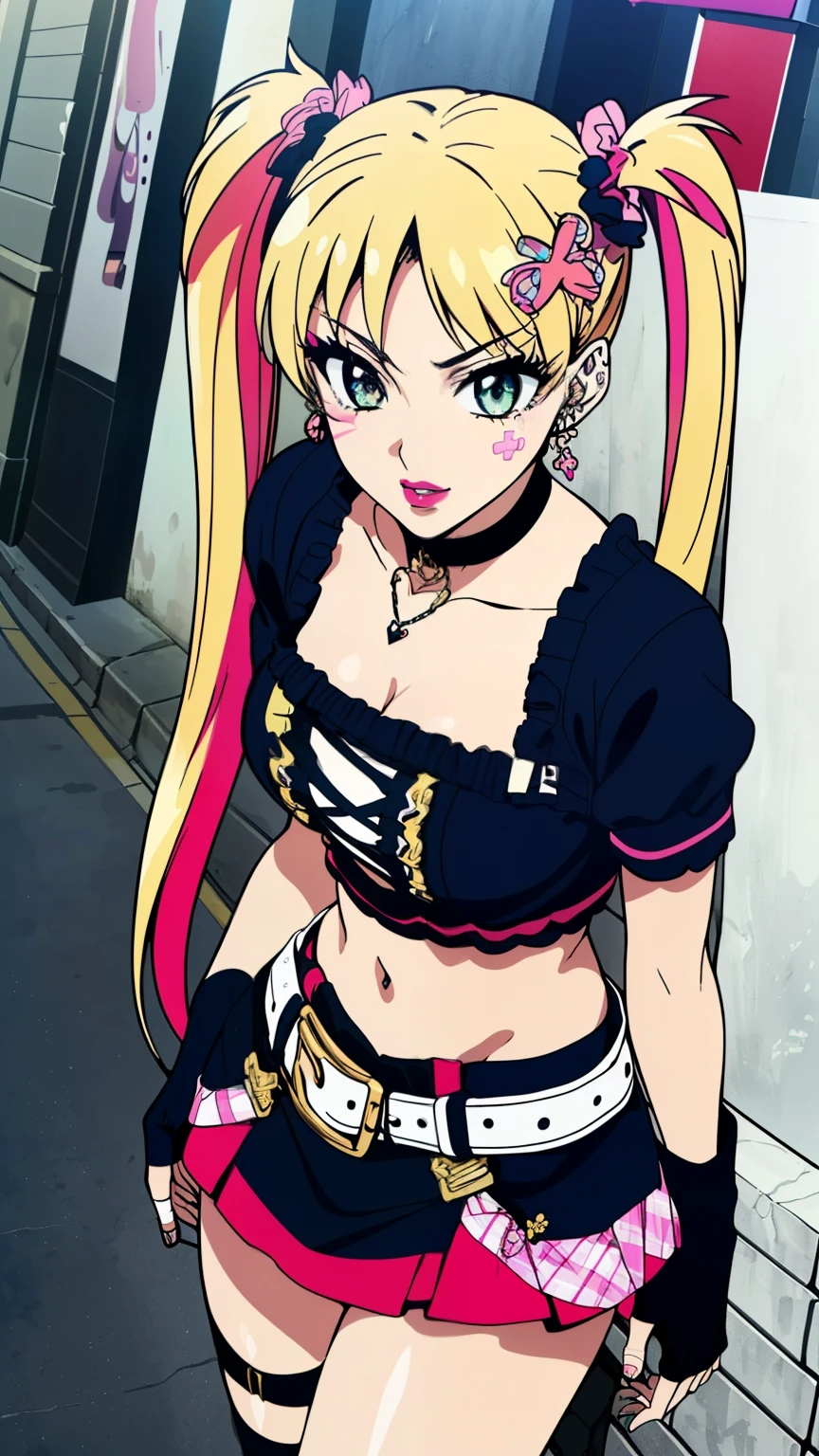 (Top quality, masterpiece, 8k), (Realistic skin texture), (anime coloring), very detailed, perfect face, beautiful eyes, perfect eyes, detailed eyes, feature large highlight, detailed face, ultra-detailed, detailed eyes, symmetrical eyes, (Dynamic angle), (smirk:0.9), Sharp details, 1girl, (blonde hair), (((long twin tails)), (bangs), (18 years old), (((slim, slim body))), (False eyelashes), (street rock fashion, (colorful clothes:1.3), ripped skirt, fingerless gloves, belt, natural lips, earrings, heavy makeup, street corner), (((many decora accessories))), (harajuku city), looking at the viewer, dutch angle,