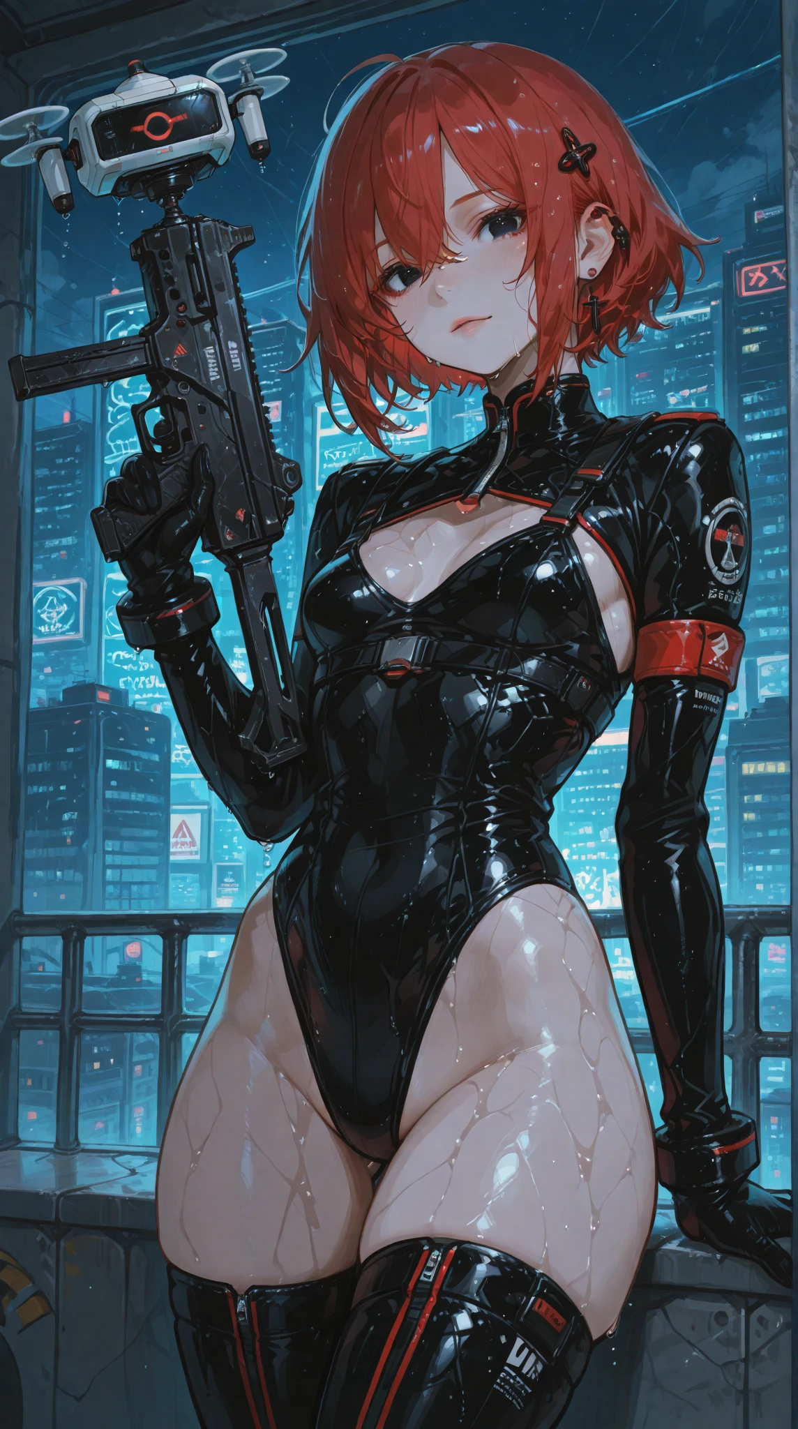Kei from The Dirty Pair, , wearing a tight outfit, skimpy, medium breast, red hair beauty, cyberpunk city background, holding retro space-gun, headband, slim waist, slim thighs, thigh gap