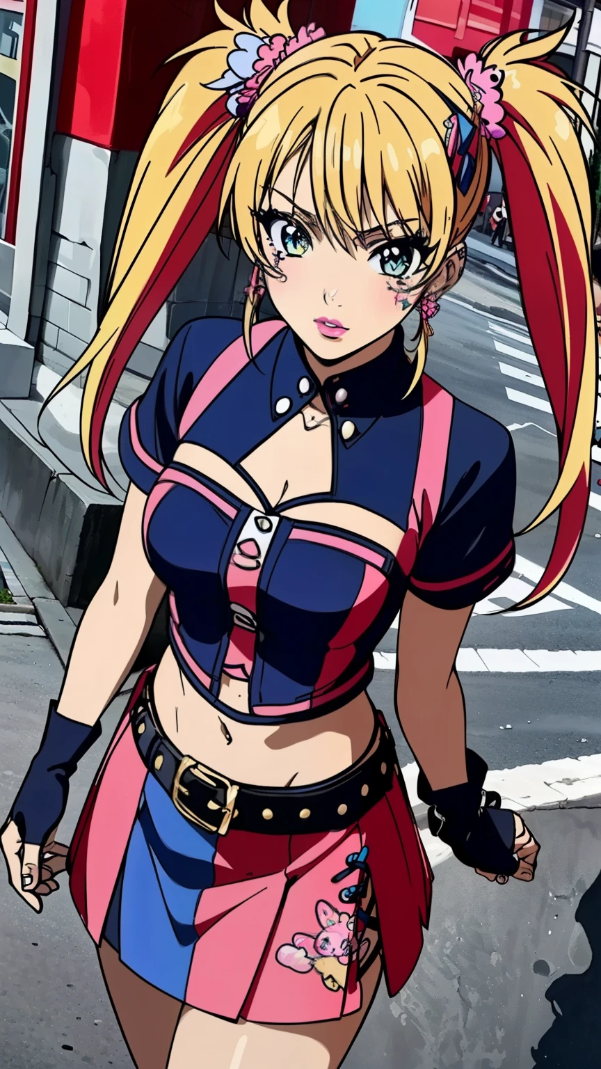 (Top quality, masterpiece, 8k), (Realistic skin texture), (anime coloring), very detailed, perfect face, beautiful eyes, perfect eyes, detailed eyes, feature large highlight, detailed face, ultra-detailed, detailed eyes, symmetrical eyes, (Dynamic angle), (smirk:0.9), Sharp details, 1girl, (blonde hair), (((long twin tails)), (bangs), (18 years old), (((slim, slim body))), (False eyelashes), (street rock fashion, (colorful clothes:1.3), ripped skirt, fingerless gloves, belt, natural lips, earrings, heavy makeup, street corner), (((many decora accessories))), (harajuku city), looking at the viewer, dutch angle,