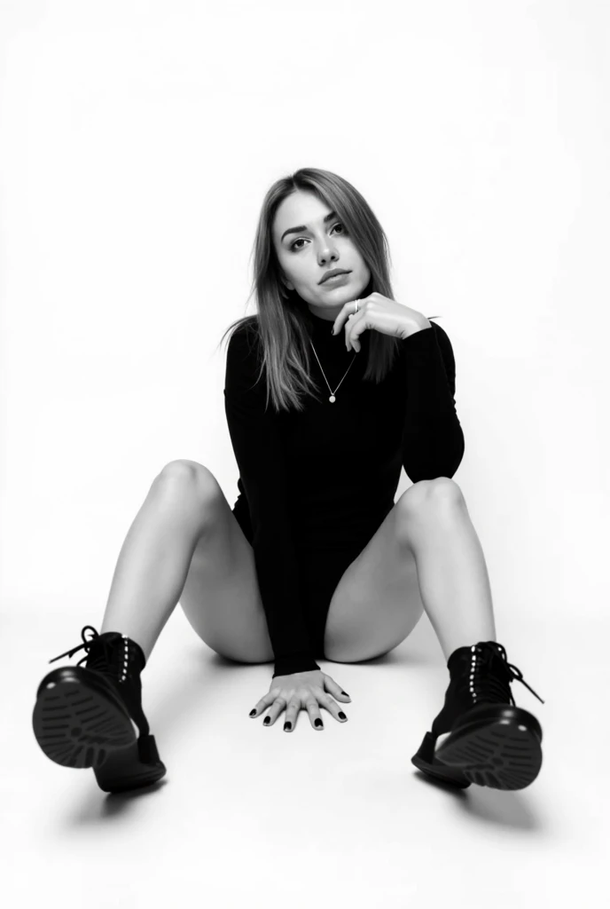 arafed woman in black shirt kneeling on white floor with black boots, portrait sophie mudd, solo photoshoot, skintight black bodysuit, wearing a black bodysuit, photo from a promo shoot, olivia culpo, promotional photoshoot, pretty face with arms and legs, photoshoot, full body photoshoot, glossy magazine photoshoot, skintight black clothes, magazine photoshoot
