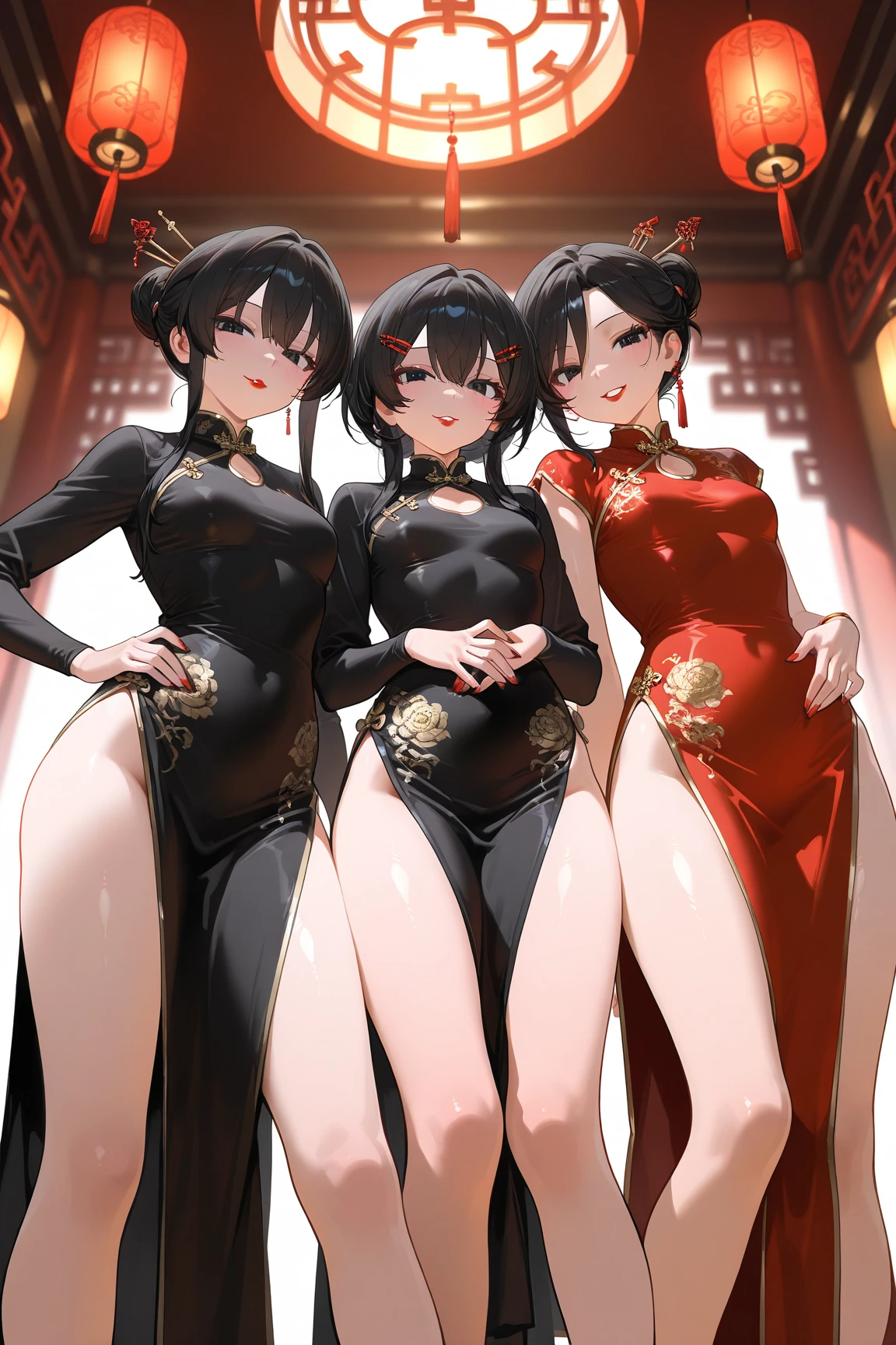 Trio of cheongsam standing side by side、A dark-haired、Colossal tits、cleavage of the breast、tits out、Chinese Restaurant、a miniskirt、thighs thighs thighs thighs、A sexy、Fornication、lascivious、teats、Red High Heels、