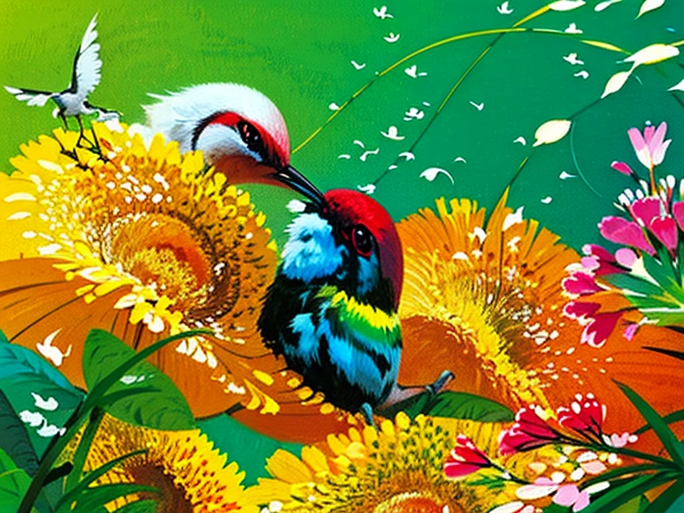 painting of a colorful bird sitting on a branch with paint dripping, paint with a spatula, 4k acrylic painting, full of colors, complex and intense oil paint, Bela arte UHD 4K, semi-abstract stroke
