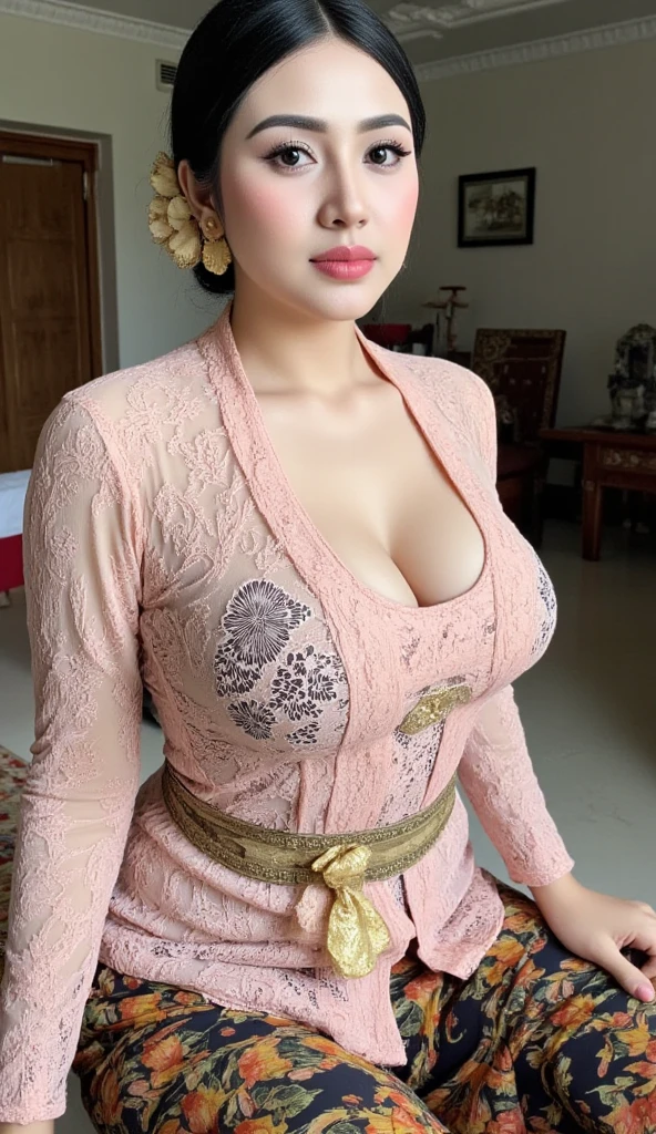 A beautiful girl, A beauty girl with tattoos on body, beautiful art tattoo detailed, ((text tattoo on pubic:LOVE)), detailed beautiful eyes, big breast, show areola, nipples erected detailed, spread legs, large penetration penis, dark hairy pussy, realistic, wearing kebaya dress, beautiful detailed eyes, baby face, cute girl, big breasts, earrings, necklace, Javanese ornaments, photorealistic, 8k, masterpiece, highly detailed, digital painting, vibrant colors, dramatic lighting