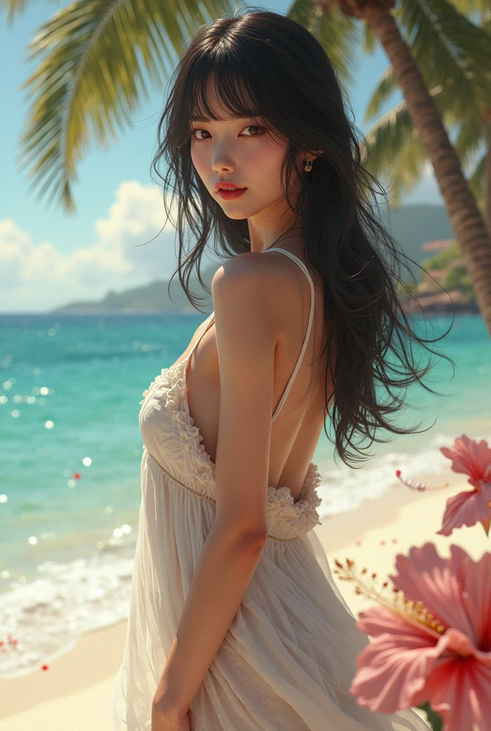 Pale model blue eyes black long curly hair full body sitting on beach