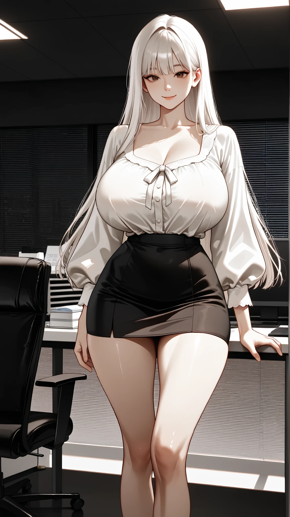 masterpiece, best quality, high quality, High definition, High quality texture, High quality shadow, high detail, realistic, Cinematic Light, side lighting, Lens Flare, Ray tracing, sharp focus, (1girl, low-shot , sitting on a chair, none expression, holding a clan , huge breasts , thick thighs , student uniform , grey hair , breasts squeeze :1.3), (intricate details, makeup, PureErosFace_V1:1.0 ),