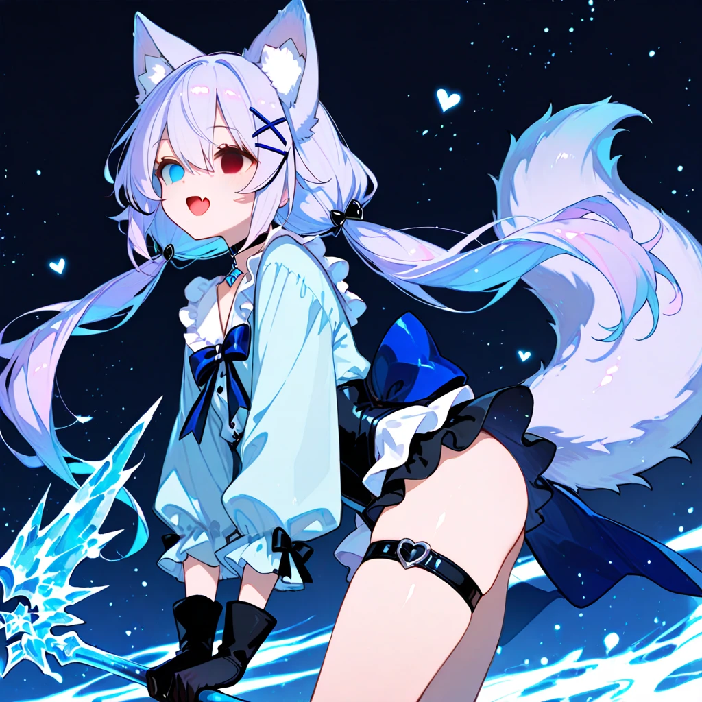 shota, long hair, space eye, glow eye, femboy, noen city, snowfall, midnight, fox ear, deep blue ear, fox tail, deep blue fox, deep blue jacket, cute, collar, Two tail, space katana, God of the space , fur body, full body, the lower body is naked, snow fox, character, master piece, fluffy tail, current, shy, NFSW, Highest Quality, 8k, full HD, four ear fox, winter, own character, nude, soul fox blue, nsfw, light blue hair, blurring, 10 years