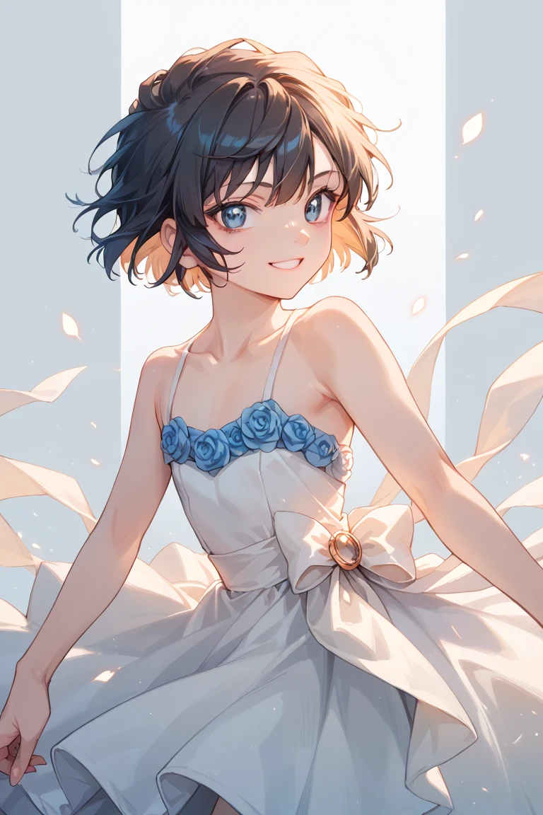 solo, 1girl, strapless, lacy dress, simple background, seductive smile, short hair,