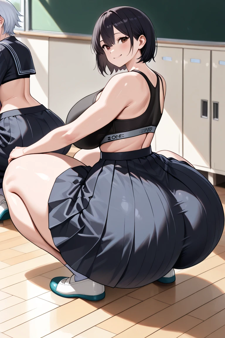 2 Asian girls farting in front of other girl, desperate to poop, in gym, farting while working out, stomach growling, wearing yoga pants and exercise clothes, malaysian chinese girl, tomboy, stomach bloated, hands hugging stomach, pained expression, shocked and embarrassed, mouth open in shock, blushing, beautiful and cute face, anime art style, fit body, tall and thin, view from front