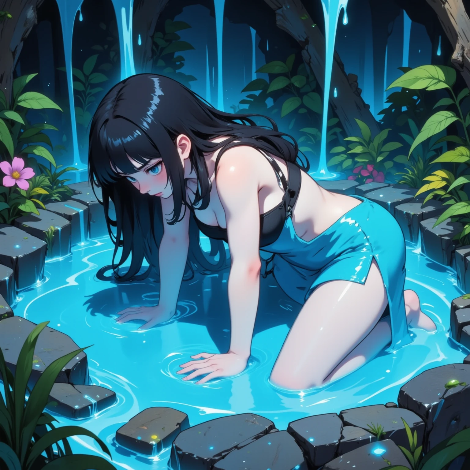 By a small lake in a forest, a beautiful woman with a white pink and plump body, facing the camera head-on, wearing black lace-trimmed underwear, a black transparent light gauze on her clothes, squatting with her legs in the shape of "M", holding a bottle of water in her hand, spitting out her tongue, pouring water on her tongue, the beautiful woman's body was wet with water, her whole body was covered with water droplets, and some water formed a small pool of water on the beautiful woman's big breasts