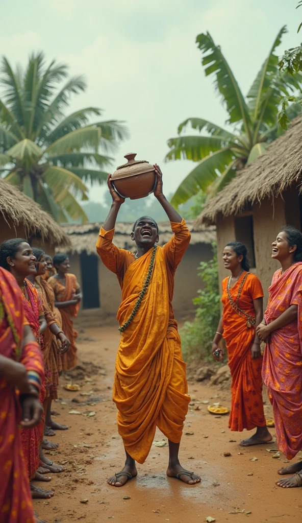 Background: The villagers are in the background, visibly relieved and cheering. Some are carrying water containers, symbolizing the return of water to the village.Action: Villagers are applauding and celebrating the successful effort of Ramoo and Shyamu.