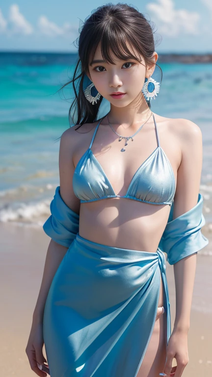 masterpiece, best quality, 1girl, aqua eyes, black hair, closed mouth, earrings, multicolored background, hoop earrings, jewelry, looking at viewer, long hair, outdoors, solo, ((upper body)), alluring, clean, beautiful face, pure face, pale skin, sexy pose, navel,((luxury dress)),