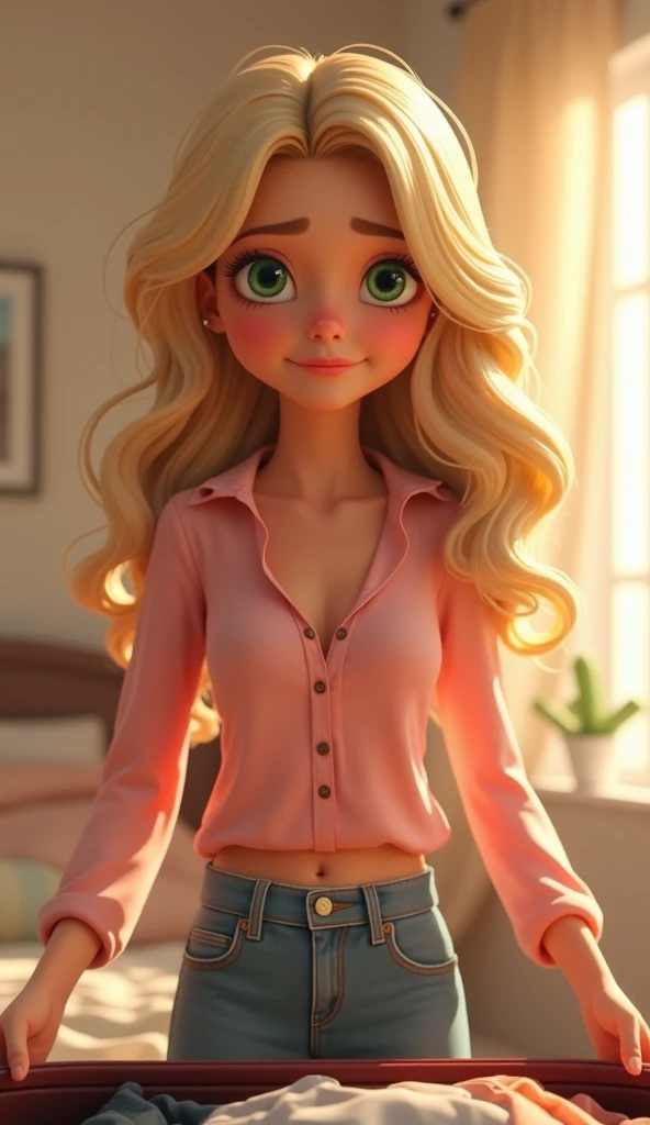 3D Pixar style, Caucasian female, blonde, big green eyes, with lots of eyelashes.
Well-shaped pink mouth In black shorts, white blouse, red belt Long wavy dark blonde hair with light highlights, no fringe in a handmade environment full of childish bows