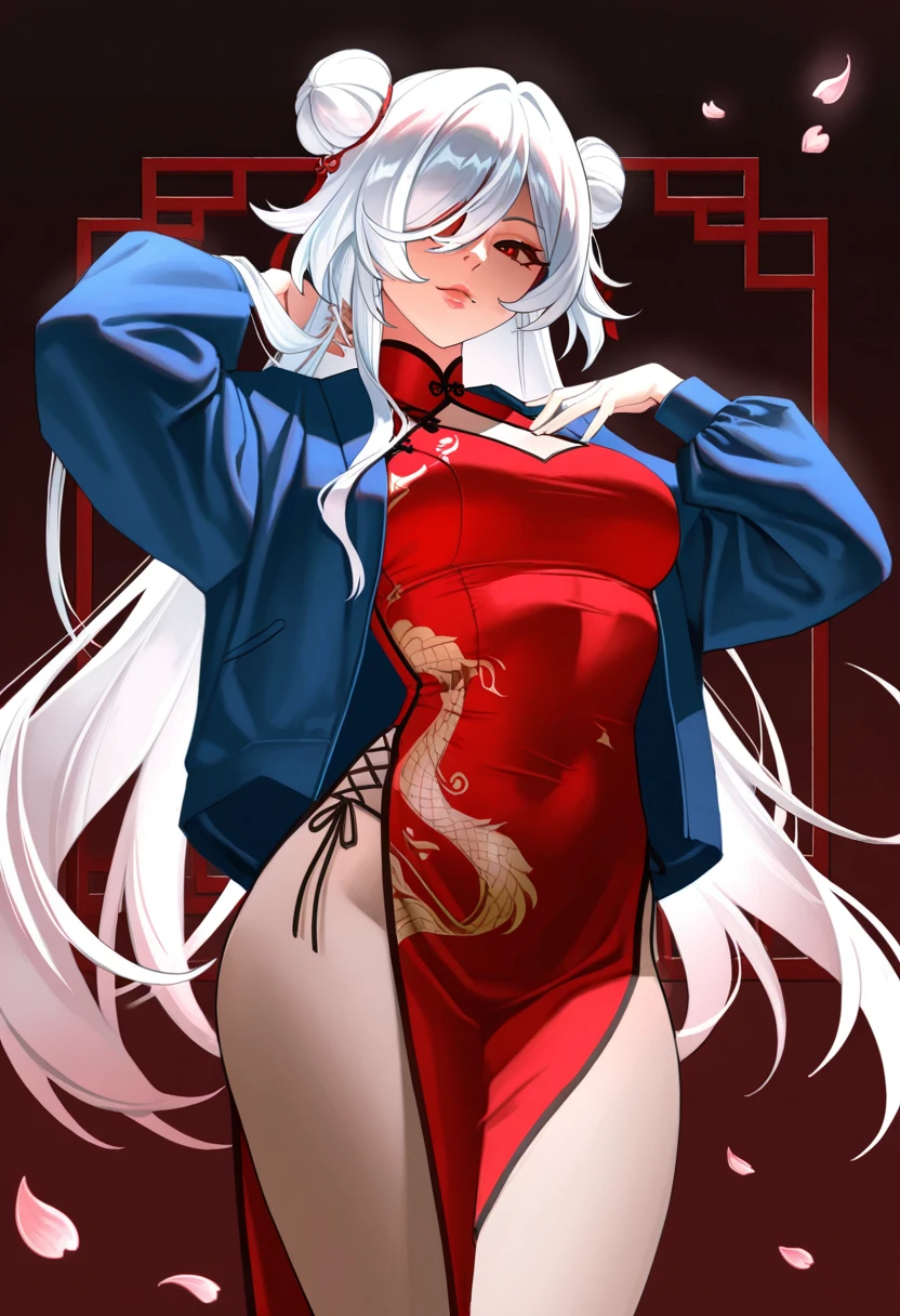 female, silver long hair, red eyes, tan skin, (((1girl))), (((red long kimono with black accents))), (gold jewelry), (black heeled sandals), cute and sexy, large breasts, large butt, full body, long legs, smiling