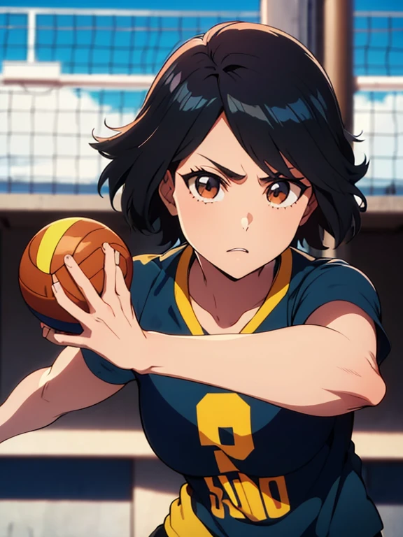 Anatomically correct, 8K, (((masutepiece))), (((Best Quality))), (((ultra-detailliert))), (((hight resolution))), ((superfine illustration)), ((Ultimate cutie)), (head to thigh view:1.) Detailed beautiful face, Solo, long hair, brown hair, serious face, dedicated look
((Buruma)), ((Sleeveless gym clothes)), (((holding a beautiful spherical 6-inch volleyball with both hands))), (front view:1.3), (looking at the screen:1.3)