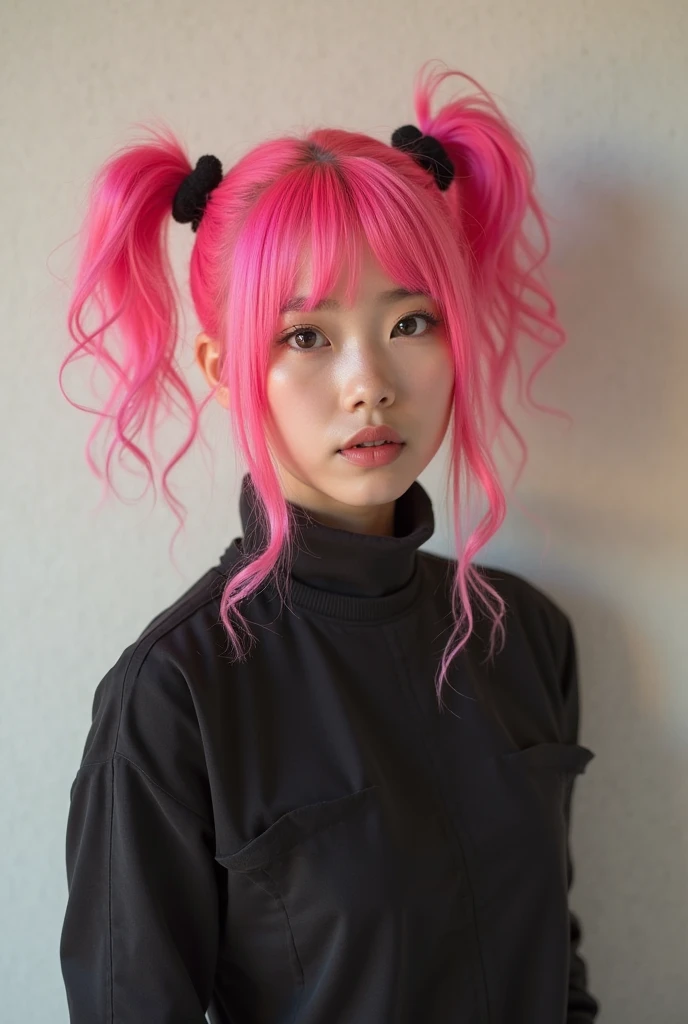 Asian woman with pink hair and black jacket on city street, Realistic. Cheng Yi, Light pink hair, inspired by Yanjun Cheng, Flowing pink hair, pastel pink skin tone, beautiful Korean women, long light pink hair, Ross Tran 8 K, IG model | Art germ, Kawaii realistic portrait, Korean girl, with pink hair