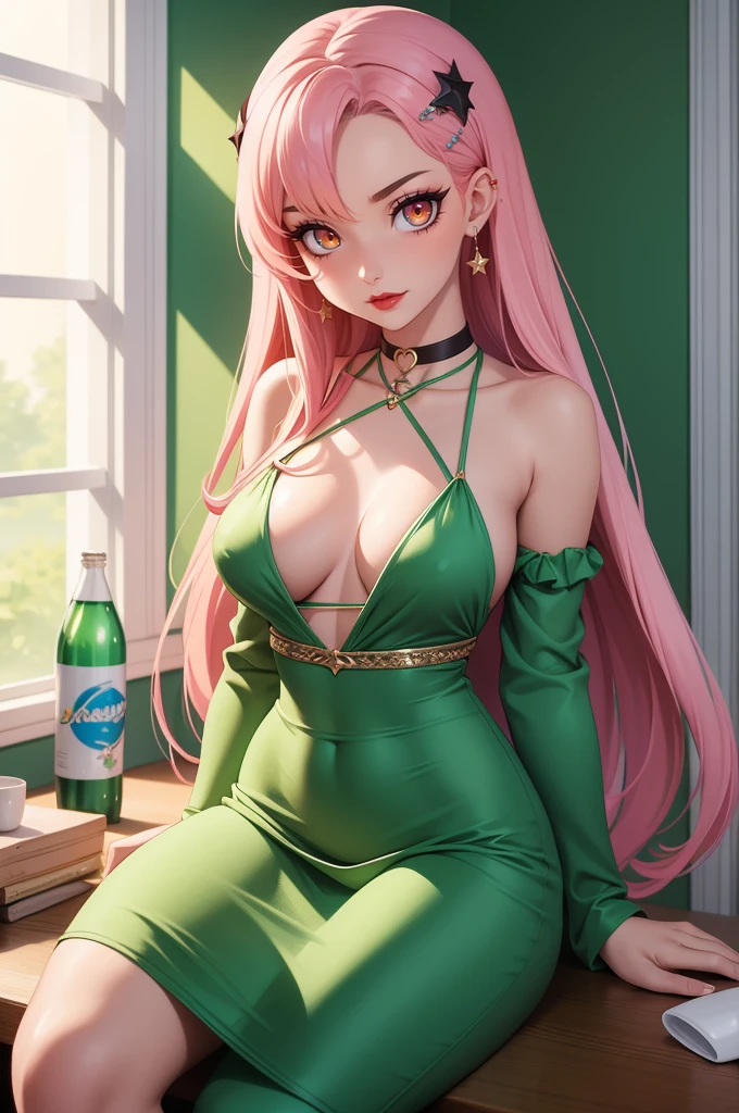 (Masterpiece, BestQuality:1.3), (ultra detailed:1.2), (hyperrealistic:1.3), (RAW photo:1.2), High detail RAW color photo, professional photograph, (Photorealistic:1.4), (realistic:1.4), (Pink Hair:1.5), professional lighting, perfect anatomy, (Big Breasts:1.2), (blush, detailed face), (A happy smile:1.7), Trending Hair&Trending Hairカラーをランダムに, earrings, necklace, bracelet, sexly, erotic sexly, Random sexy gravure poses, (Sexy woman in a green tight dress、Luxury Bar、A seductive gaze、Wavy Hair、Sitting on the counter。:1.3)