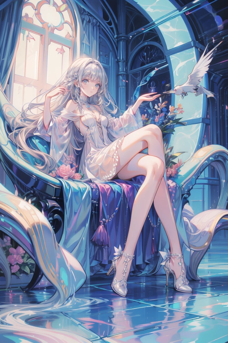 (looking-down),Dynamic Angle,ultra-detailliert, illustratio, gros-plan, Straight, One girl, (Fantasia:1.4), (azure eyes:1.233),(radiant eyes:1.233) ,(beautiful and delicate eyes:1.1),(Silver hair:1.14),(Long hair,Braids,hair between eye,side locks), (+(White feathers:1.14)),(Chiffon dress,Blue floral pattern on uniform)(no sleeves),(Fingerless gloves),a choker,high-heels,(deadpan,Mouth closure),(to stand), (classical Princess boudoir with dressing tableand french windowin a white ancient palaces),(white blossoms),(a dull blue world tree:1.14),Dreamy,(fluorescent),[Delicate fingers and hands:0.55],(Fine fingers),((Black Angel Wings))