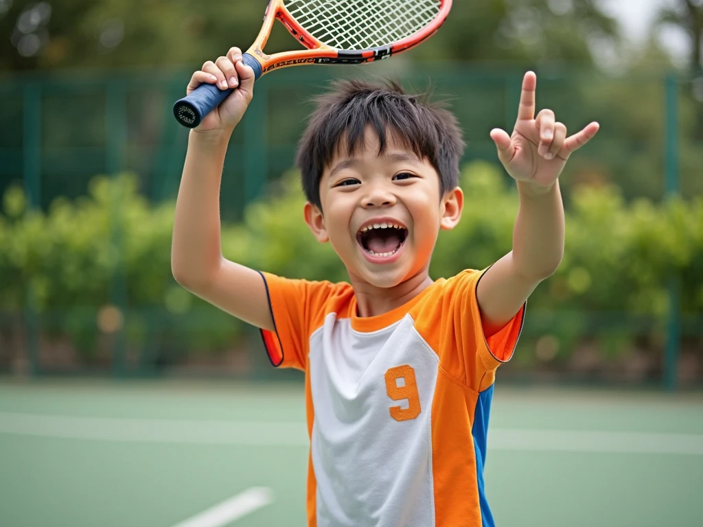 Portrait of a happy boy, badminton, Studio Ghibli ,