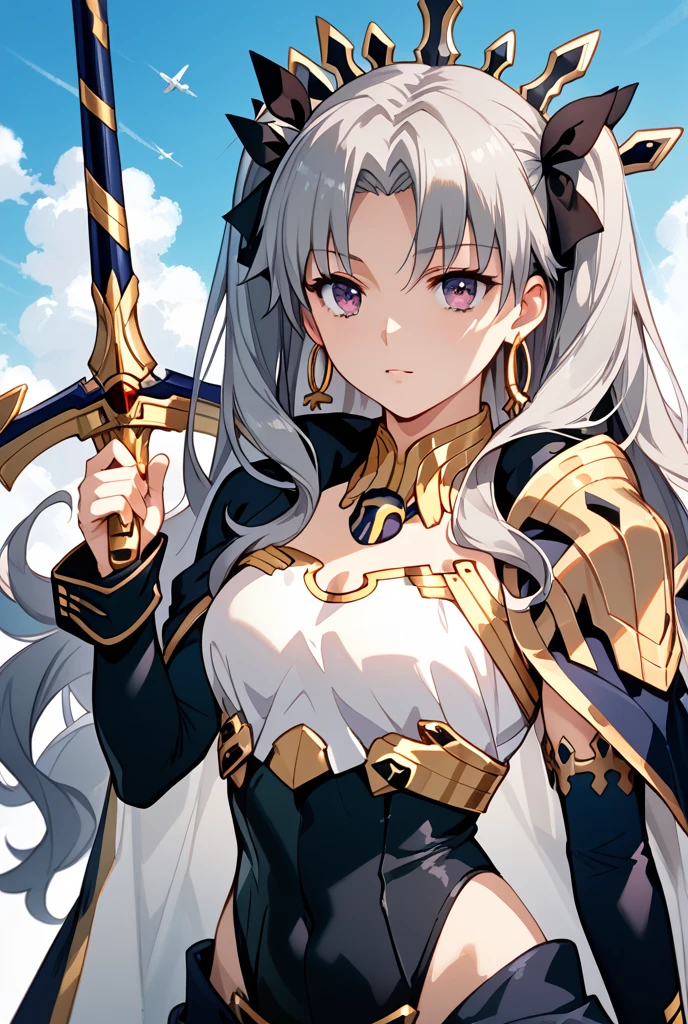 Girl with long silver hair and golden eyes，silver forehead protector，Chest，cleavage，Pitch black armor，Hand guard，Iron skirt，thigh，cross sword，moon，starry night, , French braids, 