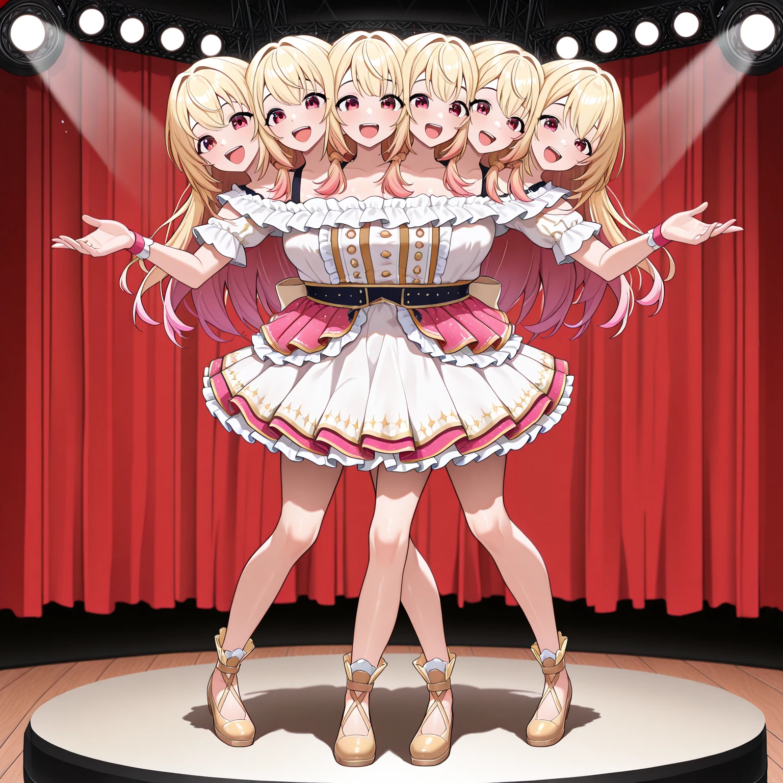 masterpiece, best quality, absurdres, full body, conjoined, 5girls, 5 heads, 4 legs, multiple girls, idol girl on stage, singing, smile open mouth, dress, long hair, stage light, ((1girl, solo)), rating_safe