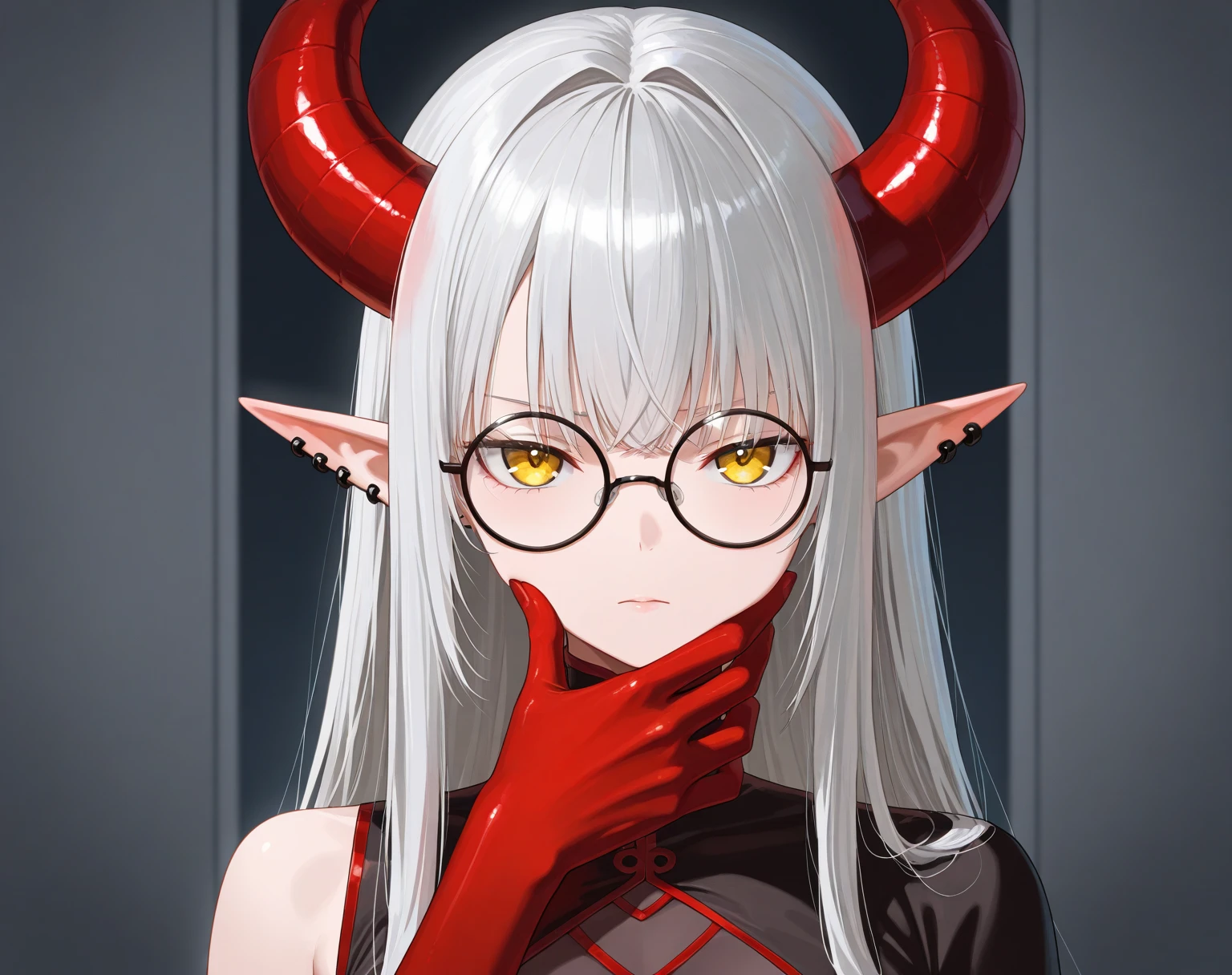 masterpiece, best quality, modeus(helltaker), drooling, formal, black horns, large breasts, open mouth, simple background, red eyes, long sleeves, symbol-shaped pupils, upper body, solo, sweater, white hair, black suit, ribbed sweater, blush, turtleneck, 1girl, heart, jacket, demon horns, horns, heart-shaped pupils, red sweater, red background, looking at viewer, own hands together, suit, demon girl, tongue out, ahegao, long tongue, saliva, hypnotic