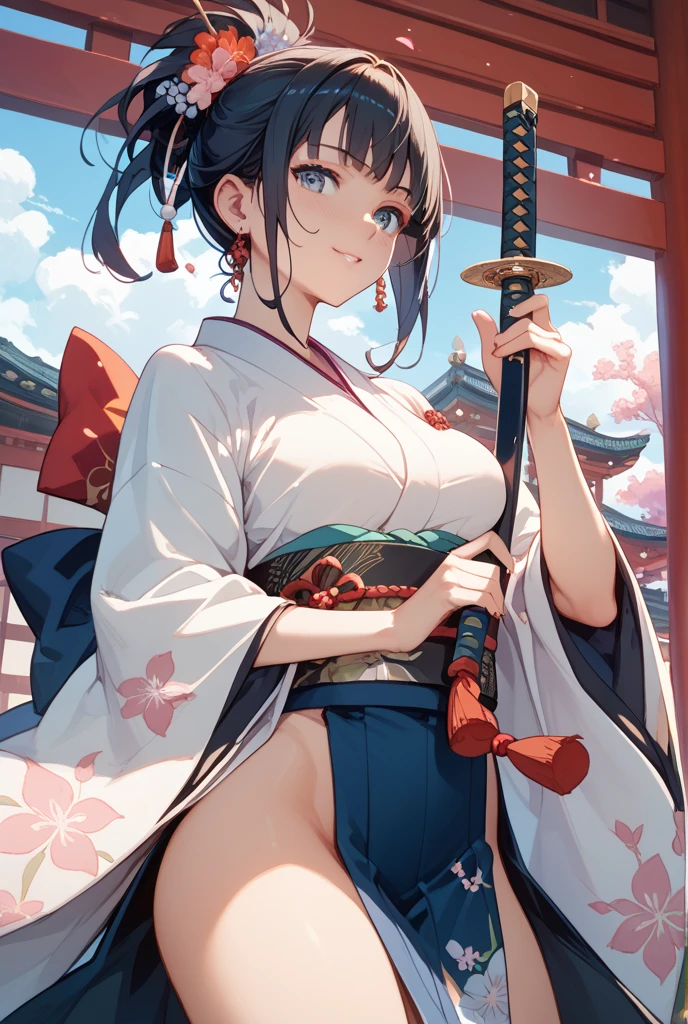 Masterpiece, super high quality, super detail, perfect drawing, CG, 3D, 8k, illustration, beautiful face girl, one Japan beautiful girl, samurai costume, kimono, kimono, hakama, black hair, ponytail, large red ribbon, equipped with two Japan swords on the left waist (120cm sword, wakizashi 90cm), Japan armor, back of hand, bowl metal (bowl roll with metal plate on the forehead), hanging eyes, cute, dignified and cute expression, cute smile, hands on sword hilt, round cute buttocks, turn around with a smile, butt sticking out pose, 3 sizes B90W60H95, moonlight leaking from the clouds, old castle, ruins, gradient sky, beautiful girl in loincloth Japanese clothes Shirtless Rich breasts Back appearance Cute Well-formed face Loli big ass Look back with a cute smile MeasurementsB95W60H90, master-piece, hyper quality, hyper detailed,perfect drawing,solo, brilliant, beautiful, majestic, elegant, glittering, flower and bird wind moon, fantastic, quaint masterpiece, super high quality, super detail, perfect drawing, CG, 3D, 8k, illustration --auto --s2