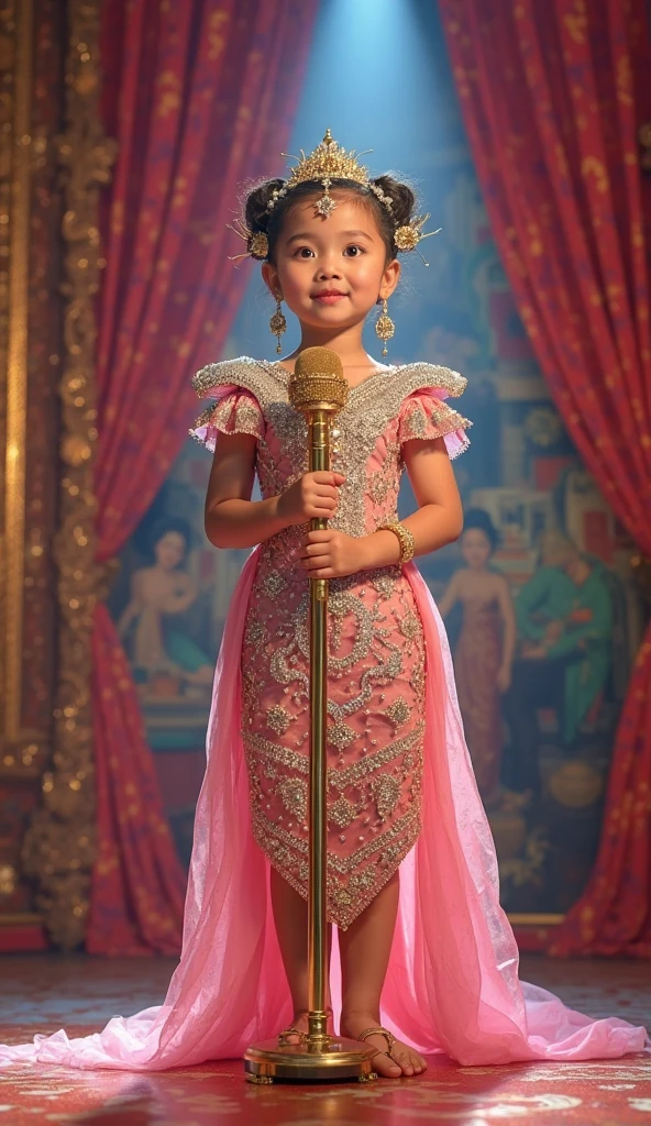 creates hyperrealistic images. 10 year old Javanese girl, sweet beauty, small and gentle smile, hair in a typical Jogjakarta bun, ukel konde bun, small hairpin, gold earrings and jewelry, black kebaya with complicated and unique motifs (gold sequins), black stagen, white jarik typical Jogja fabric motif, gold sequined sandals, hand namaste, full body photo, looking at the camera, very realistic, very detailed