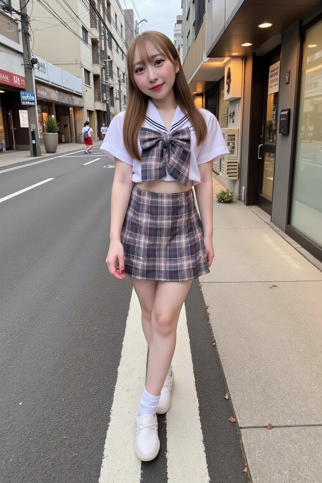 　(((Japanese)))(10-year-old girl)　((((10-year-old girlが一人、alone))))　Black Hair　Red Extensions　whole body写真　Full Shot　short hair　Low ponytail　whole body　Thighs 　Checkered Skirt　shirt　((Ribbon tie))　Train seats　Spread your legs　((Shy face))　Panties visible through the gap　(((Dress casually)))