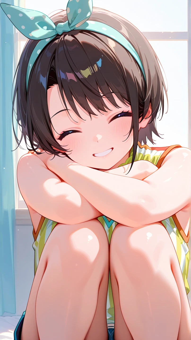 Residential Street,smile,Squat,1 ,ponytail,Black Hair,blush,Navy school swimsuit,barefoot,White skin,summer,From below,shy,Sweat,shy、Super big breasts、School swimsuit that looks like it's going to tear、Cleavage、Looking up、Sweatだく