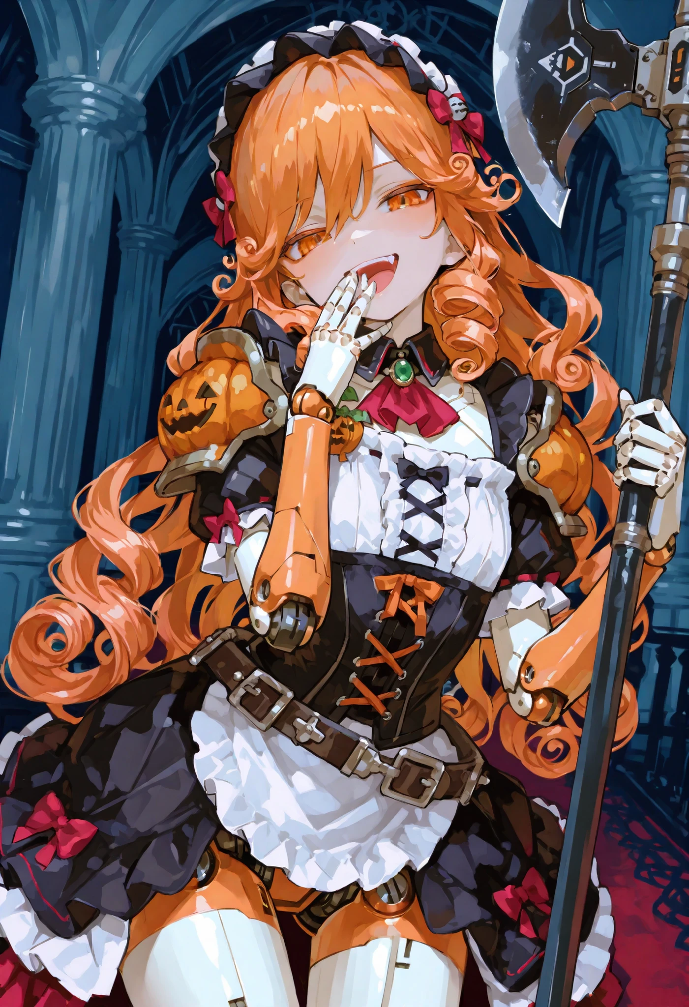Maid Outfit。orange hair。Curly Hair。Orange eyes。Mechanical joints。machine body。gothic room。motion blur effect。Swing down the giant axe。Young lady laughing 。Skirt。block belt。Headdress。攻撃Action。killer。Pumpkin Shoulder Armor。