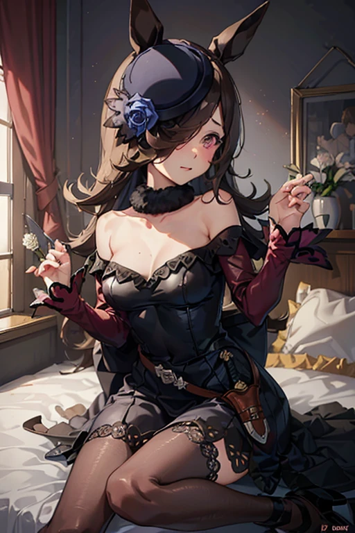 (masterpiece、top-quality、hight resolution、Unity 8k、extremely details CG:1,Best Picture), rice shower (umamusume), horse's ear, A seductive woman with voluptuous curves, wearing revealing lingerie, heavy makeup with bold red lipstick, smoky eye shadow, and perfectly styled hair. She is posing provocatively in a glamorous setting, with a confident and alluring expression, suggestive body language, and a sultry gaze directly into the camera. The overall atmosphere is steamy and intense, emphasizing her sensuality and sexual allure.