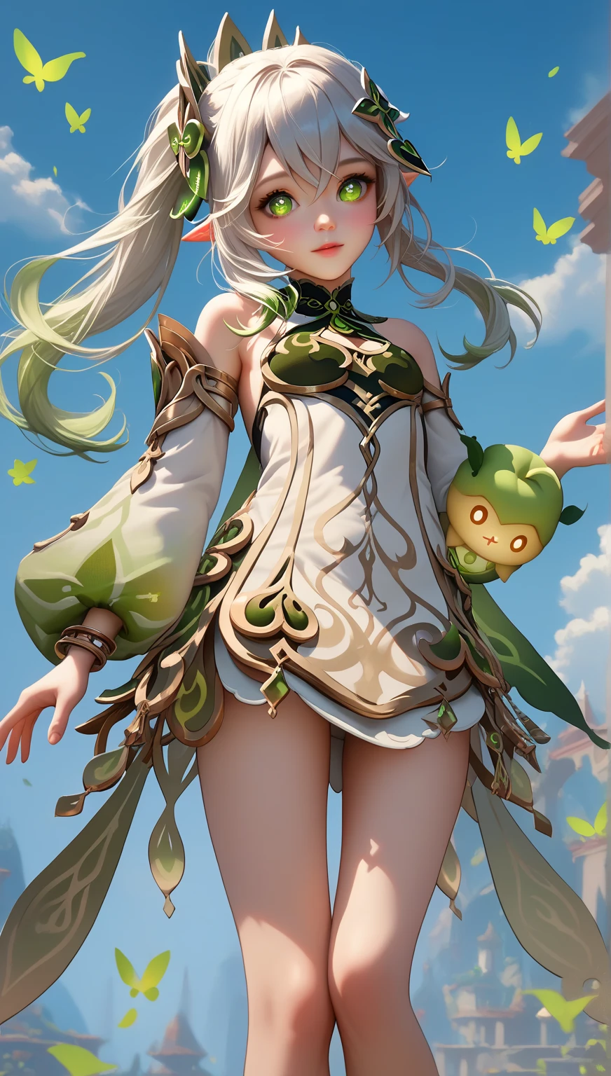 forest_sprite, (green leafy hair), flower_crown, ([bark_armor|vines_wrapped_top]:1.3), [thorn_bracers::10], moss ([collar:petal trim:0.4]:1.7) growing on ([wooden pauldron:flower shoulder:0.4]:1.5), forehead, charming, emerald eyes, vine_belt, seedling_cuffs, hidden_grove, acorn_pouch, [twisted, ivy_braid:0.1], [gloves, mushroom_staff, petal_skirt:0.4], offshoulder, Expressive Hues, Vibrant Palette,Dynamic Brushwork,sharp focus,
