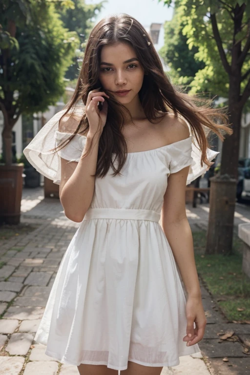 a girl of European appearance , 20 years old , not looking at the camera , wearing a dress,