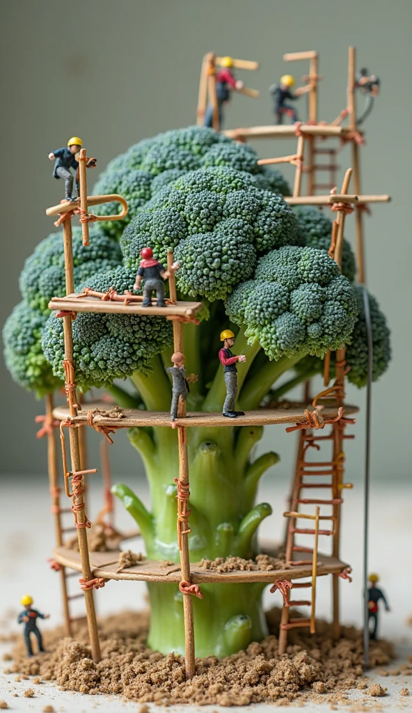 tiny little people is picking broccoli under the broccoli tree with a ladder, There are flowers and grass on the ground, natural light, miniature, blur background, clear details, tilt-shift, macro photography, isometric, 3d --auto