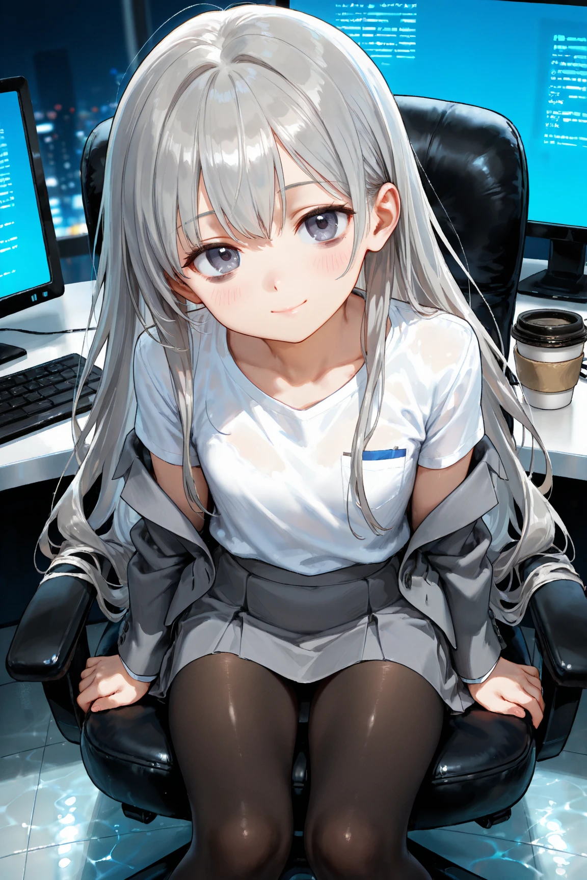 in the office，a girl，white long straight hair，light brown eyes，Wearing school uniform，Sitting on a stool in front of the table looking down，The expression is laughing，A little aggrieved。Large shadows on the screen，warmer tones