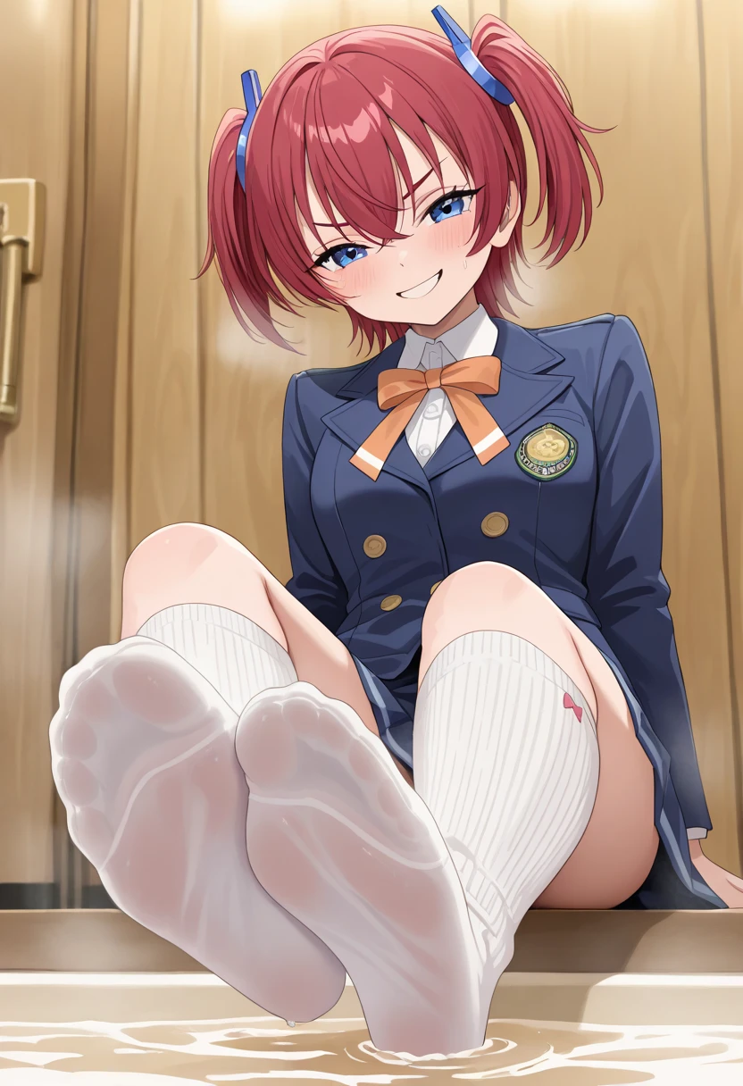 Maki Nishikino、lovelive 、share indirect write、One girl in a mini skirt, Sit with your legs wide apart、A seductive smile、Looking down at the viewer, Plump thighs, Highest quality, Focus on the thighs, Spread your legs wide, smile, blazer, blouse, Navy panties、Black knee socks, classroom,,My thighs are steaming between the legs 、Sweaty knee socks、Show the soles of your feet、Sweaty feet、Footjob、Stroke your penis with your feet、Vigorously stroke the penis up and down with your feet、Stain on the pussy line of panties