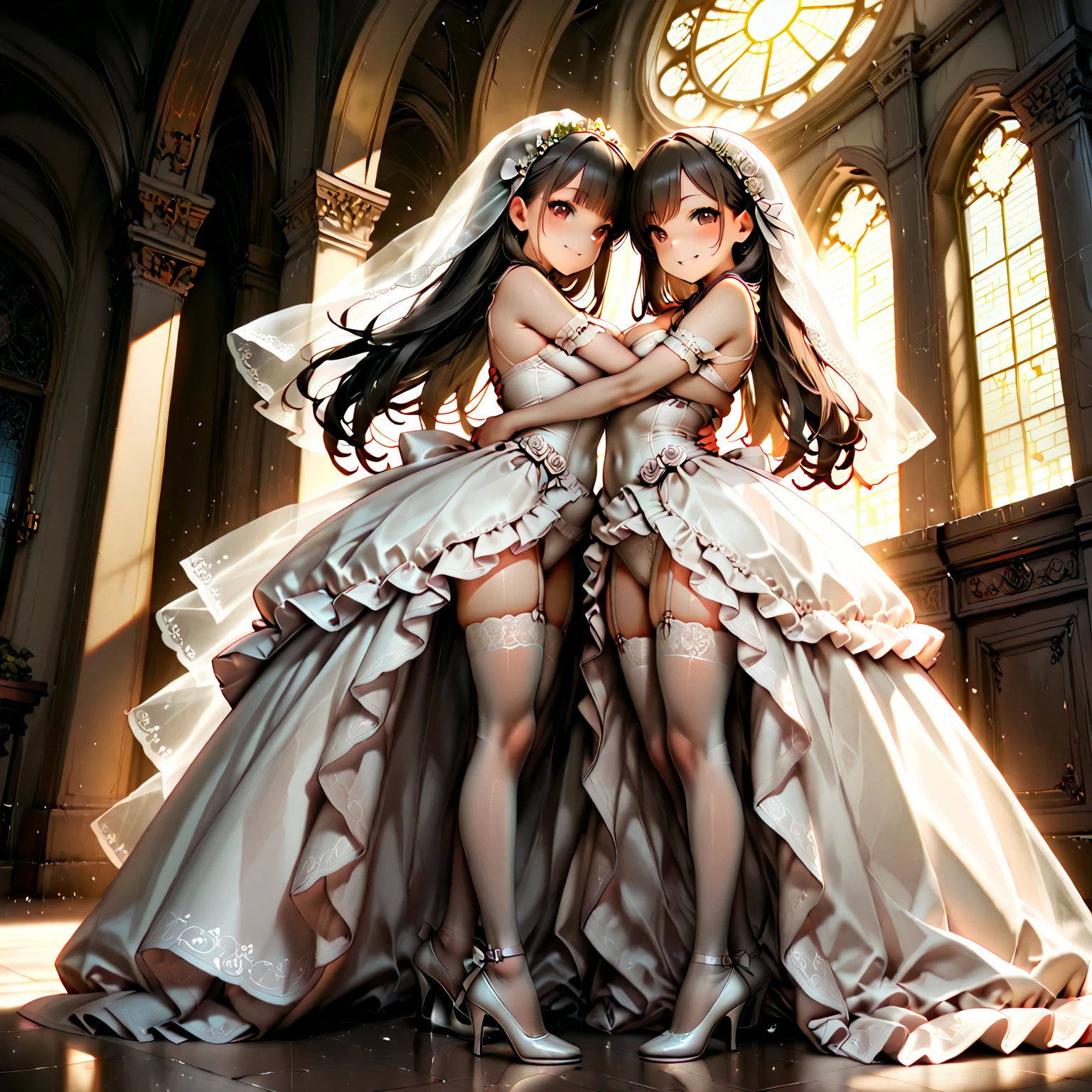 masterpiece, ((Highest quality))、Realistic and detailed3D illustration、wedding、(three cute naked girls、A good friend、Standing side by side、kawaii:1.4、12 years old、smile:1.3、smile、Mr.々Hair style、pubic hair)、(((Full nudity、tits、Pussy)))、(Realistic and detailed肌の質感、pale pastel wedding dresses:1.2、gem、hair ornaments、Veil、See-through)