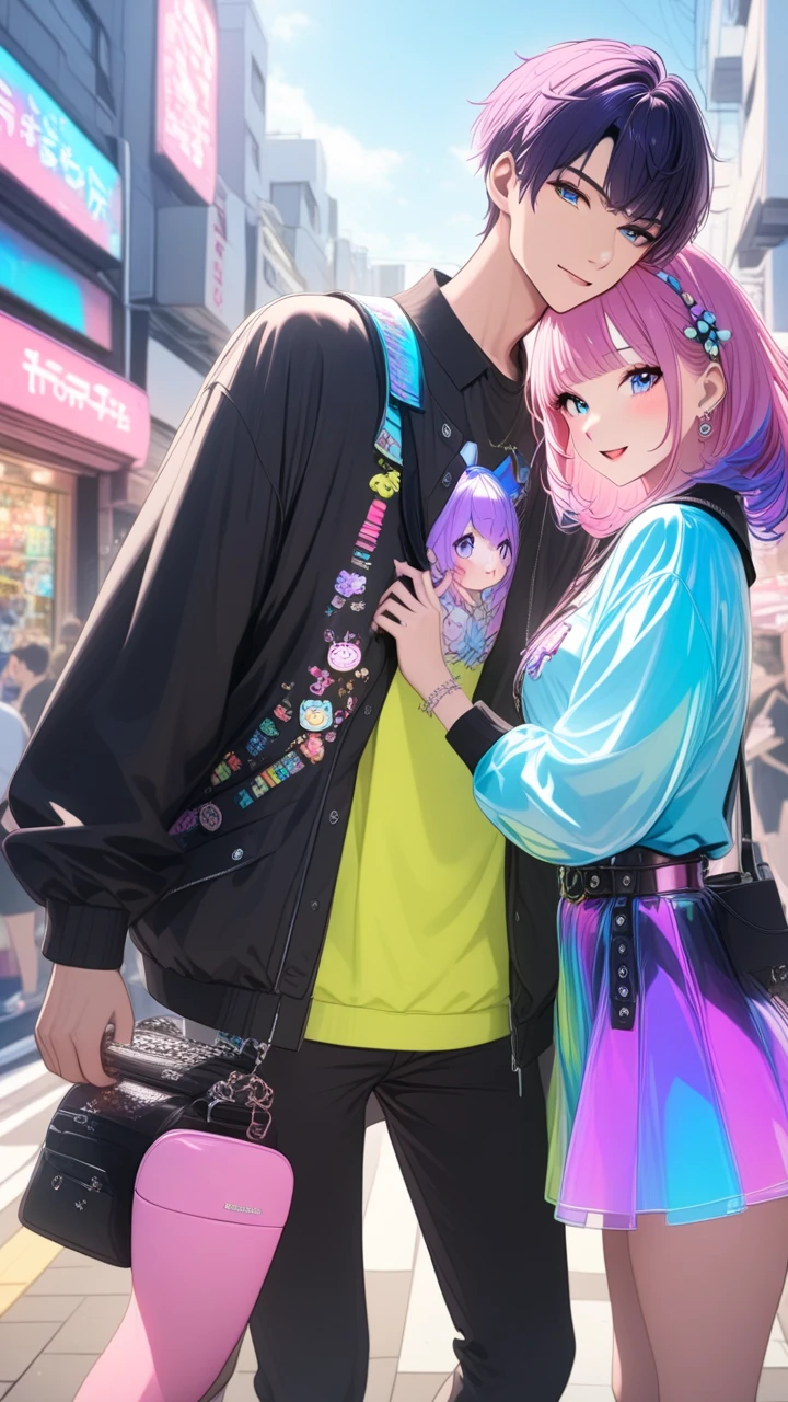 ((Masterpiece)), best quality, absurderes, ultra detailed, holographic, cowboy shot, golden ratio, super cute girl, mature girl, idol girl, super beautiful asian girl with very beautiful violet glowing eyes, beautiful glowing brown multicolored hair, high ponytail, nice and sexy body, slim body, perfect body, wearing a super tight anime printed leotard, an anime printed super tight off shoulder long sleeve crop top, a super aesthetic transparent mini jacket, beautiful hair ornament, pink jordan tennis, playing with her handsome skinny boyfriend, with black messy glowing hair and super informal clothing in the arcade games