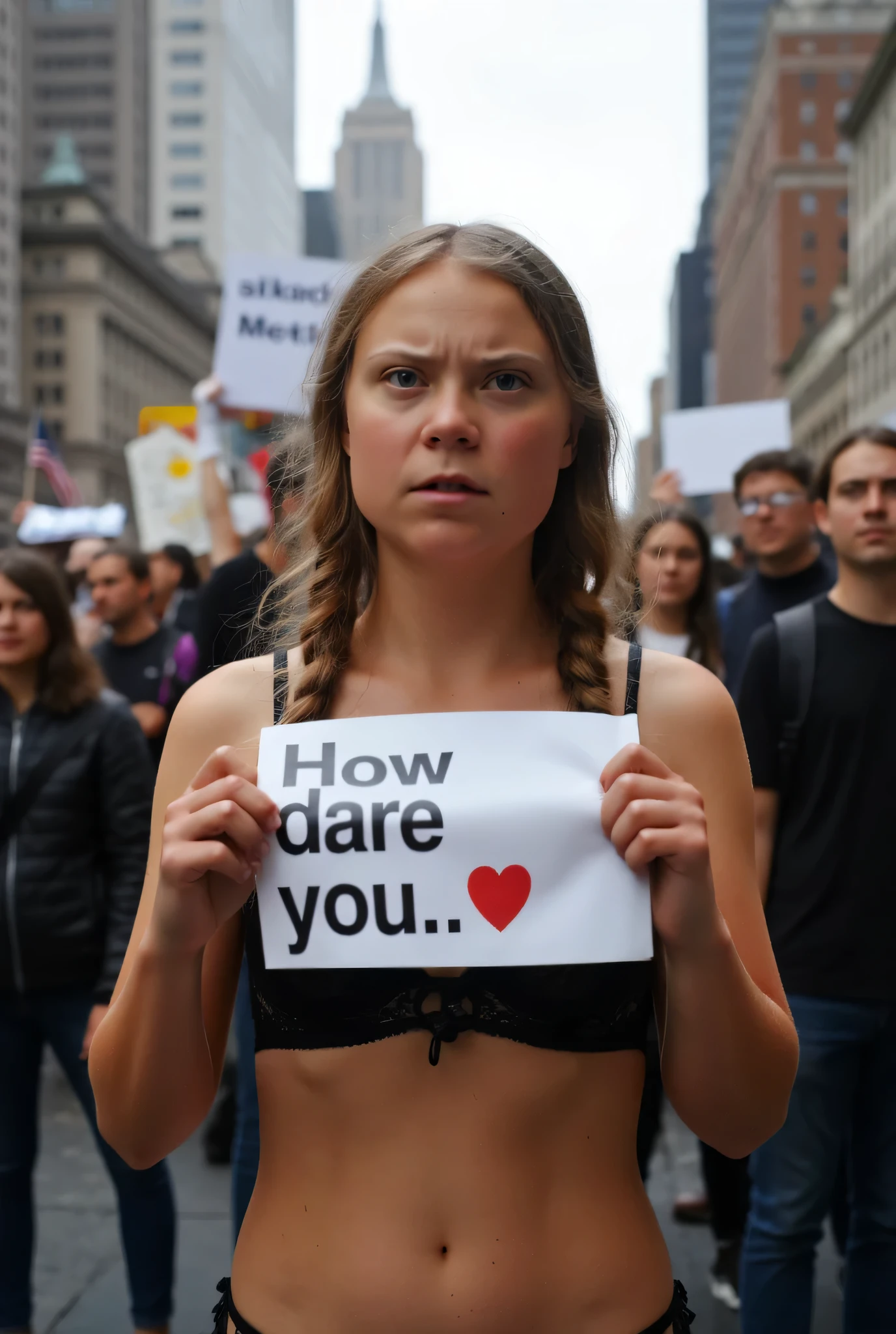 a young woman withlong pigtails, Greta Thunberg, pose, , , looking at viewer, black lingerie, black , standing, she holds a large placard with both hands reading "How Dare You", front view, angry, crowded protest, protesters behind her, middle of street, new york, empire state building in background, daytime, cloudy, sunny