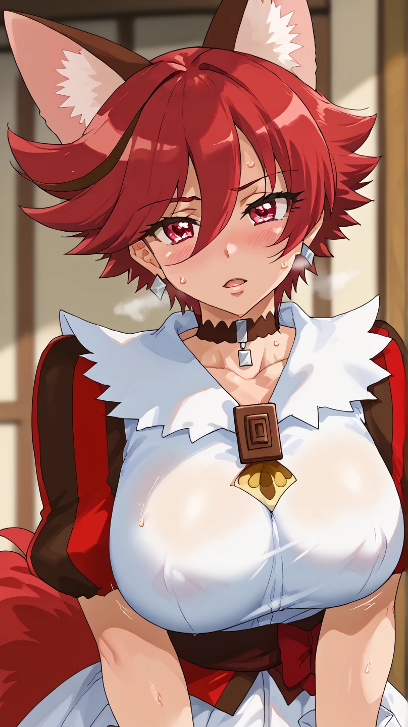 Embarrassed look、Side bust、Landscape illustration、Wet body after shower、Middlewind、Tearnote Yoko, 22 years old、Small breasts、High resolution、short hair、Long Slit Dresses、Pink fabric clothes、Being fucked by a slime