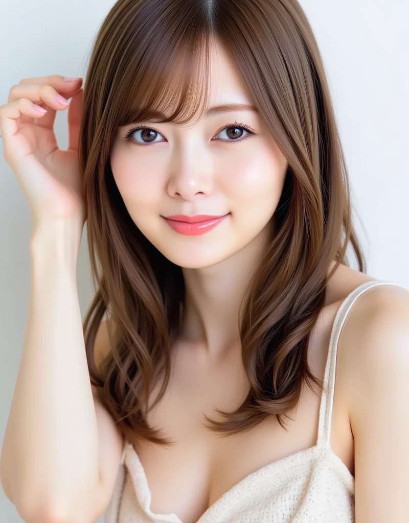 A very popular and beautiful young news program host,Bunches long hair back,Wearing a shirt and cardigan, read out a paper manuscript held in both hands.,(((Read the manuscript with your chin tilted and a smile on your face))),Bust close-up shot from the front,best image quality,professional angle of view,outstanding detail,Super high resolution,realistic:1.4),high detail,focus on details,1girl concentrated in high concentration,beautiful chestnut hair,Beautiful face with a delicate and high nose,Cute posture with inner thighs,