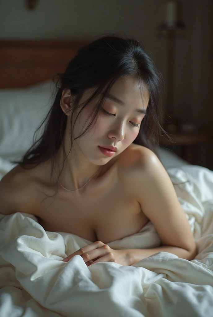 ((Best quality, 8k, Masterpiece :1.3)), Sharp focus :1.2, ((puffed breasts, ample cleavage, poking nipples:1.8)), (((Beautiful geisha but naked, Bare shoulder. bright skin)), Sleep. spread arms. Wrapped in a blanket, ((Sleep on the mattress)). °Full body photo° . detail texture. And eyes. Double eyelids. nsfw, mix4, 20d,Hiper-realistis:1.37),16K HD, side view
