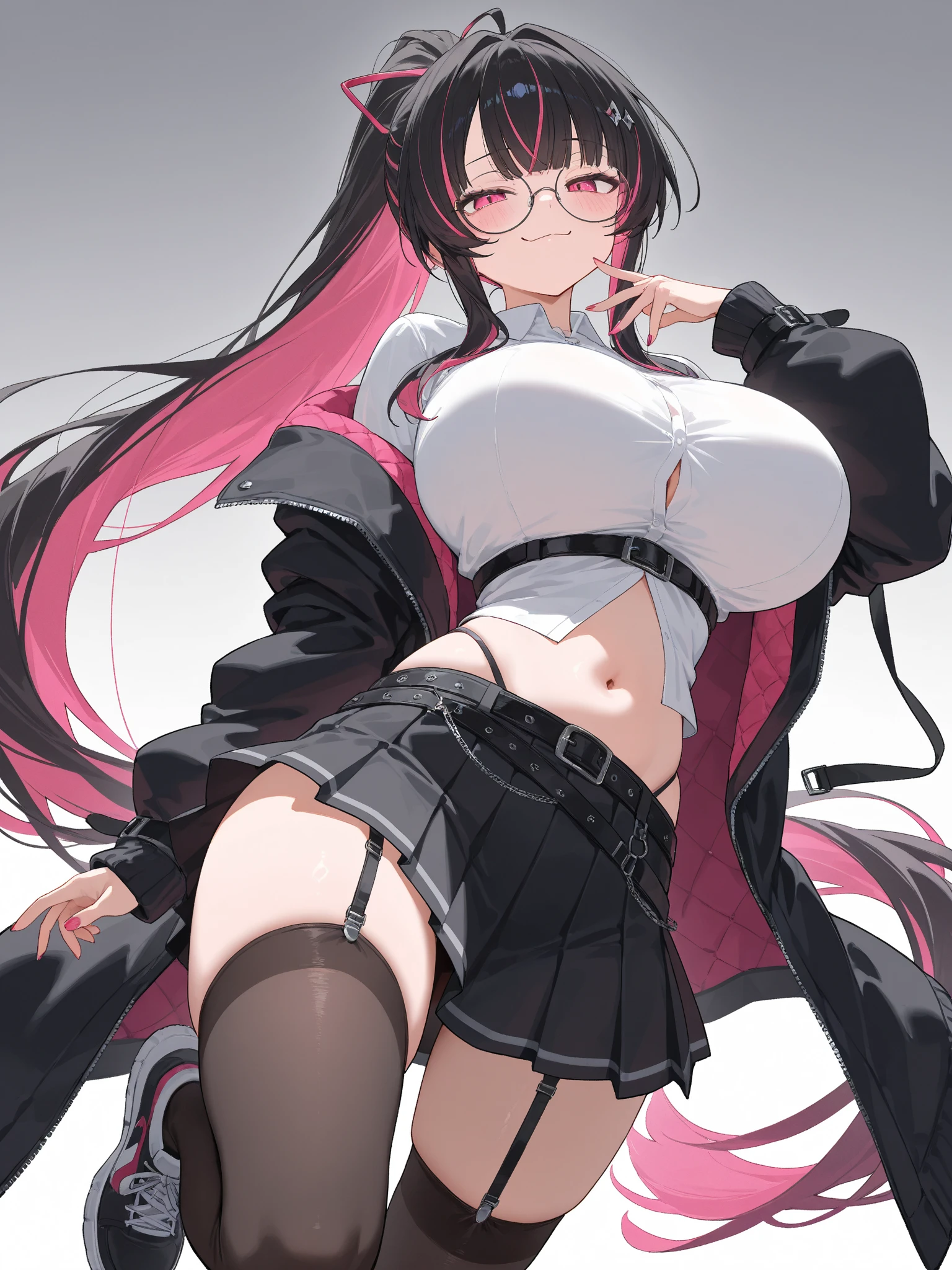 "anime girl, 1 person, black hair, shoulder length hair, red eyes, glasses, white horns, black bunny suit, black bunny girl,black bunny suit, big breasts, high heels, blushing, lewd face, smile ,standing  cross-legged, viewed from different directions, rabbit hole, in a bar,(full HD 4K+ image)"