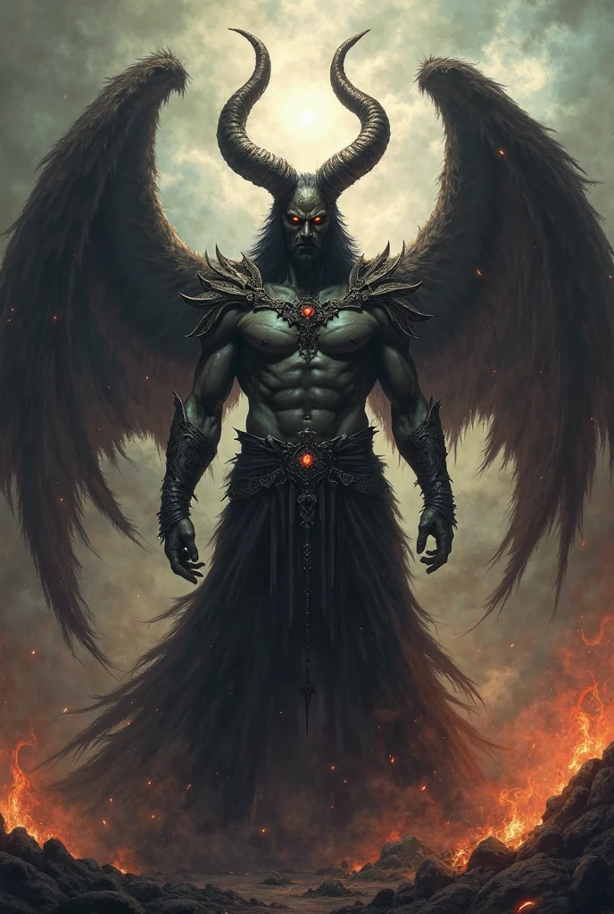 Glorious and triumphant Baphomet, muscular and with an angry expression, large horns, raises his arms and spreads his great black wings, over the desperate and panicked Christians before their destroyed holy city