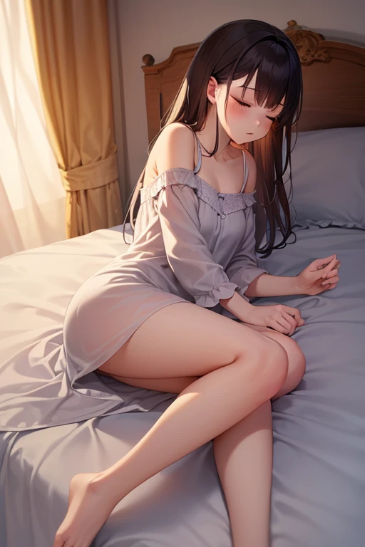 Nude beauty in bed,shy,head lowered,Innocent,senior high school student,Bigchest,hugetits,Childlike face,beautifullegs,pitiful,Upper body body,Touch your chest with your hands,masturbation