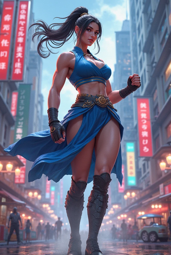 Fine face, neat and clean face, sexy expression, 8K, art station, full body, 9 heads, tall stature, long legs, ponytail, black hair, thick chest plate, small breasts, upper, armpit hair, model standing, right hand on the waist, long spear in the left hand, chi pao, blue long cheongsam, long length, front drooping, dragon pattern, blue cheongsam, sleeveless, legs visible through slit, knee-length long boots, black leather long boots, pin-heeled boots, muscular woman, muscular raised muscles, protruding muscles, well-developed neck, muscularly heaved shoulders, split abs, chocolate-like abs, prominent blood vessels on the arms, prominent blood vessels in the thighs, model photo session, showing off muscles, showing off enormous power, muscular!!! , floating muscles in the boot