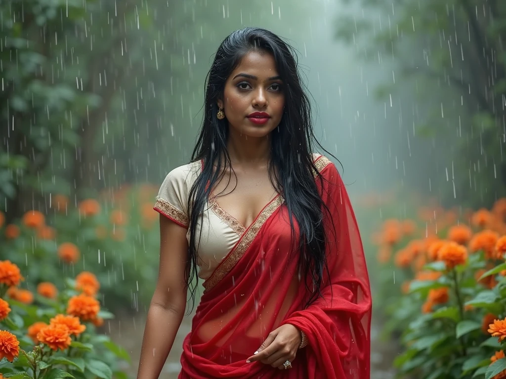 Indian girl, rain, umbrella