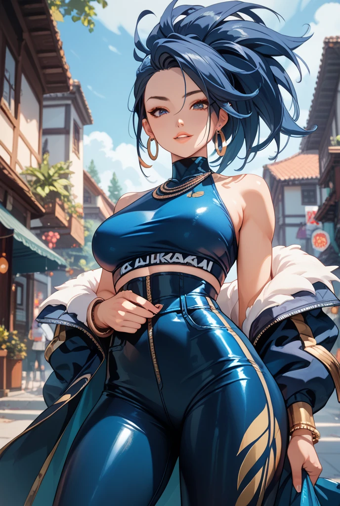 ((Masterpiece, Top Quality, Best Quality)) (full body portrait), ((high resolution)), 1woman, beautiful woman, toned female body, (white short hair, tiefling, blue skin, pointy ears, horns, bulge, yellow cat eyes,), a blue skinned tiefling woman standing in front of a window, she is wearing only pants and a tank top, ((sexy abs)), nsfw, 